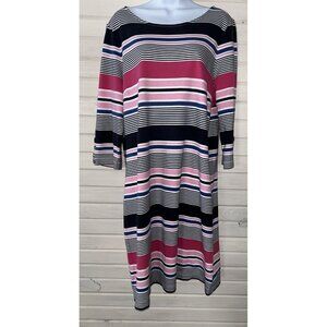 Talbots Sz XL 100% Cotton Knit Shift Dress Nautical Striped Pink Blue White EUC